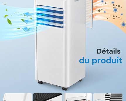Climatiseur mobile 9000 BTU (+30m²) 2,6 kW (avec télécommande), climatiseur portable quatre en un, fonctionnement silencieux, écran LED, minuterie 24 heures