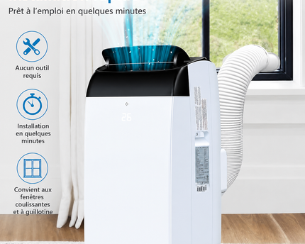 Climatiseur portable 3 en 1 - 10000 BTU (+40m²) – Silencieux - Refroidissement, déshumidification 30 L jour, ventilateur 2 vitesses – minuterie 24 h, affichage numérique