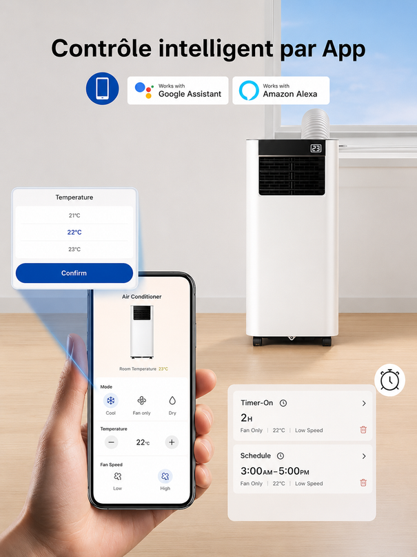 Climatiseur Mobile 7000 BTU (+ 20m²) 3-en-1 Écoénergétique Climatiseur Portable, Kit Fenêtre Inclus, Contrôle Via Appli Télécommande, Silencieux 48 dB, Minuterie 24 H, Idéal Pour Pièces Jusqu’à 20 m²